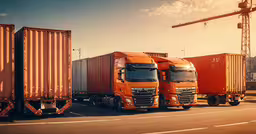 three large trucks are parked on the side of a road,orange trucks are lined up on the road