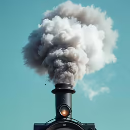 a train blowing smoke in the sky on top of a track