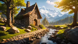 an animated house sitting in the middle of trees near a river