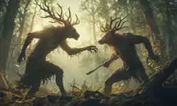 two deer - like creature in the woods fighting