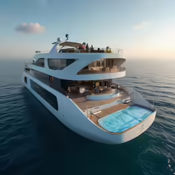 a boat with a pool sits in the ocean