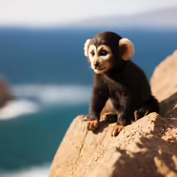 a small monkey sitting on top of a rock by the water