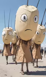 a group of people are walking with large objects