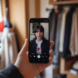 someone holding a smart phone that shows a picture of someone in the closet