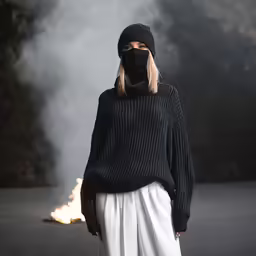 a woman in a black sweater and white pants