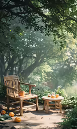 a wooden chair and table sitting on a path