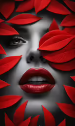 a woman with red petals on her face and face with lips, with leaves around her eyes