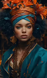 the woman in the orange flowered headdress is posing for the camera