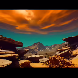 a photograph with rocks and flowers and mountains in the background