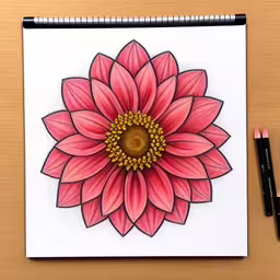there is a picture on a table with pen and watermark,a sketch of a pink flower with a yellow center