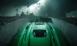 some dark, blurry lights are above a green car