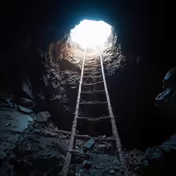 a ladder leading into a tunnel with sunlight coming through