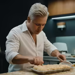 man in white shirt putting icing on cookie crust