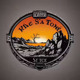 an image of a round label with mountains,a sign on a wall advertising a juice bar