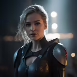 a woman in black leather gear in a dark room