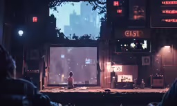 there are people sitting in front of a stage that is empty
