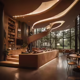 a living room and dining room with stairs