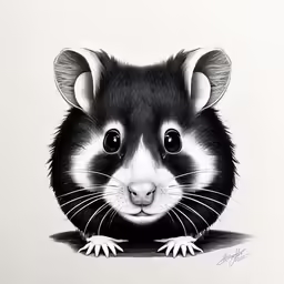 a black and white rat with two ears