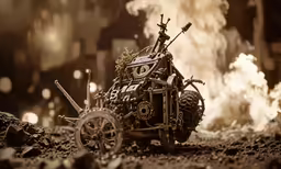 a toy car in the dirt near some rocks and smoke