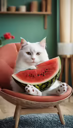 a cat sits in a chair with a watermelon piece