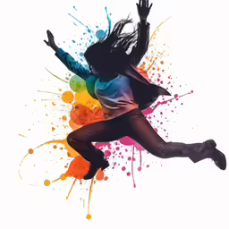 a woman jumping and holding her arms in the air