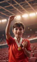 a young girl in an orange shirt holds up a medal
