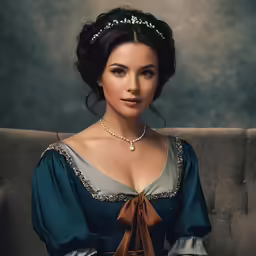 a young woman in a blue dress sitting on a couch