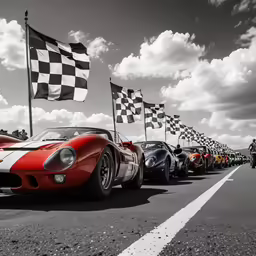 cars lined up along a road with flags flying