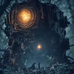 a large, rusty, abandoned mechanical clock sitting in the forest
