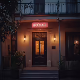 this is a building with stairs and lights on