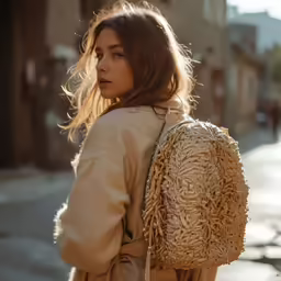 a girl carrying a purse walks down a street