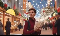 a woman holding a bag and wearing a santa claus hat
