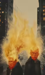 two men standing with their faces covered in fire
