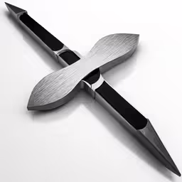 a knife and blade cut in half on a white surface