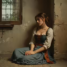 a woman sits in the corner of a room by a window