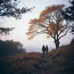 two people are walking in the wilderness towards an old tree