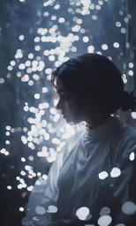 a young woman poses while surrounded by hundreds of lights