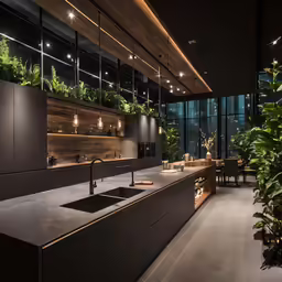 the inside of a restaurant is lit up with modern lights
