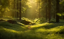 a sunny light in the forest, with grass