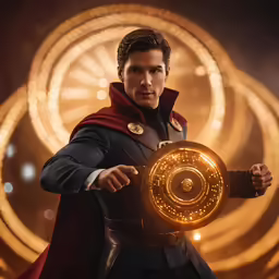 a man in costume holding a glowing circle