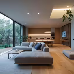 an open - plan living room with wooden flooring and natural light