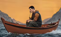 a man sitting in the water in a boat,a man is sitting in a small boat while looking into the distance
