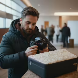 a man looking at a cake on the table