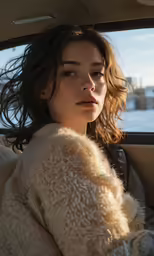 woman in fur coat sitting in car during daytime