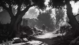 the person is riding their bicycle in the snowy woods