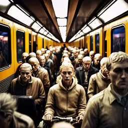a large group of people riding on a subway,many people that are on a subway ride