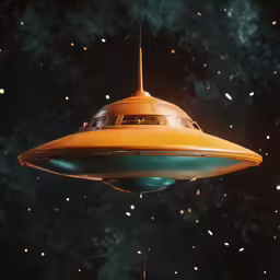 an orange and green space station or flying object