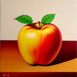 a painting of an apple sitting on top of a table,a painting of a red apple with a green leaf on it,this is a picture of a painting of an apple,a painting of an apple on a surface,an oil painting of an apple with leaves on it