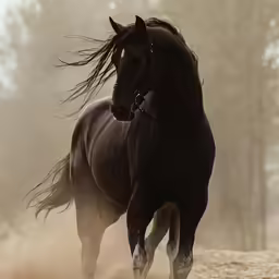a black horse runs in the dust while it looks like it is running in the woods