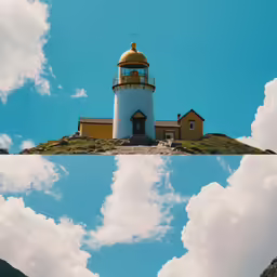 two different pictures of a lighthouse on top of a hill